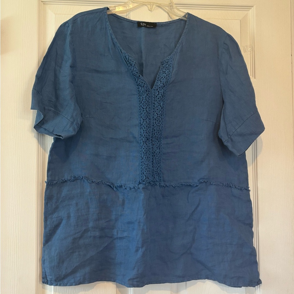 Italian Made by Reby 100% Pure Linen Blue V-Neck Blouse